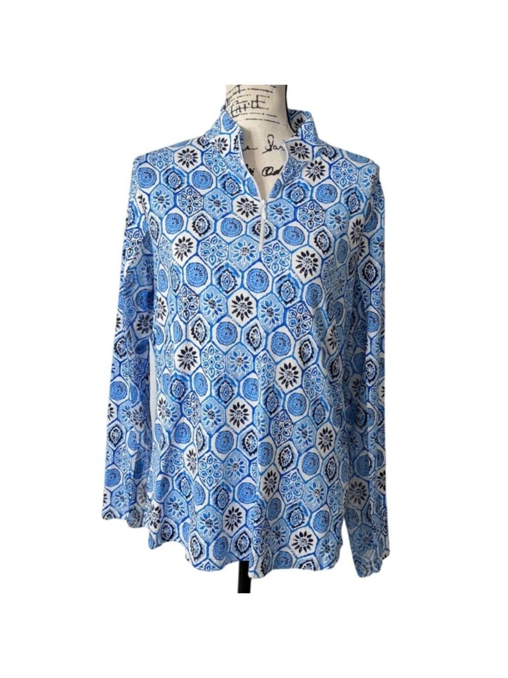 IBKUL Womens Size L Top 1/4 Zip Long Sleeve Sun Shirt UPG Blue White Geometric